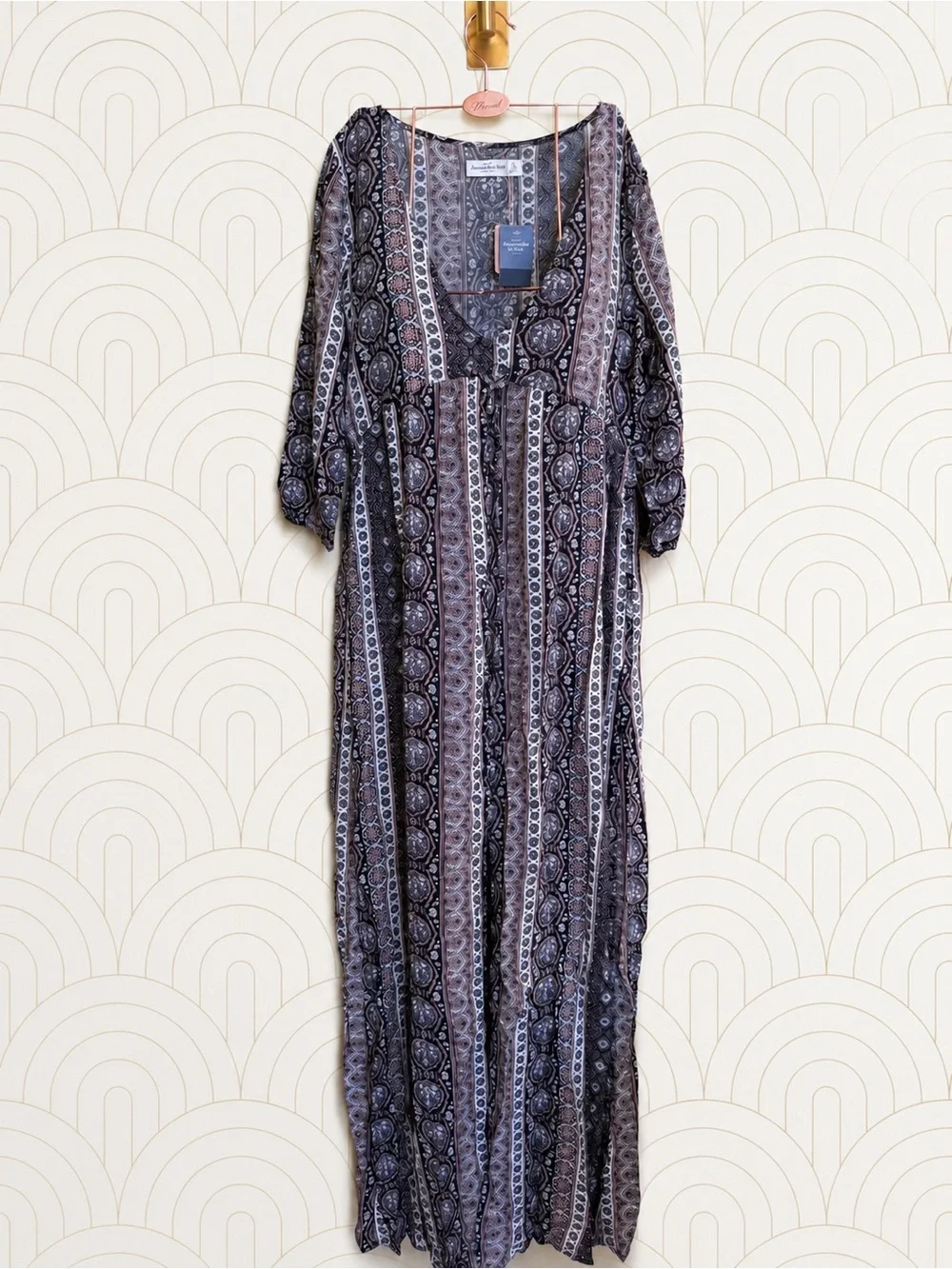 NWT Abercrombie and Fitch Boho Printed Maxi Dress in Black and Taupe